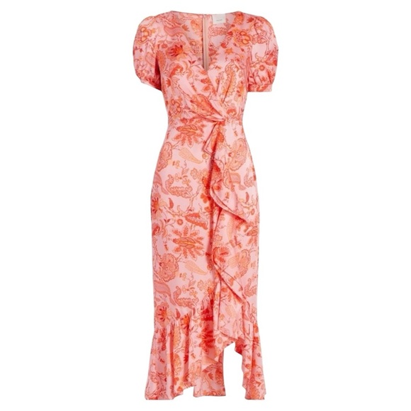 CINQ A SEPT Kay Faux Wrap Floral Print Short Flutter Sleeve MIDI Cocktail Dress - Picture 10 of 15